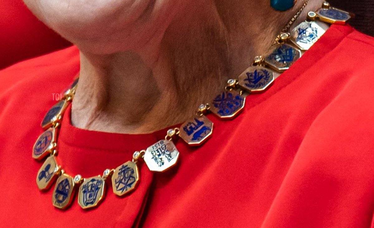 Queen Margrethe II of Denmark attends the Craftsmen's Association of Copenhagen's medal presentation at a ceremony at Copenhagen City Hall on May 9, 2023 (EMIL NICOLAI HELMS/Ritzau Scanpix/AFP via Getty Images)