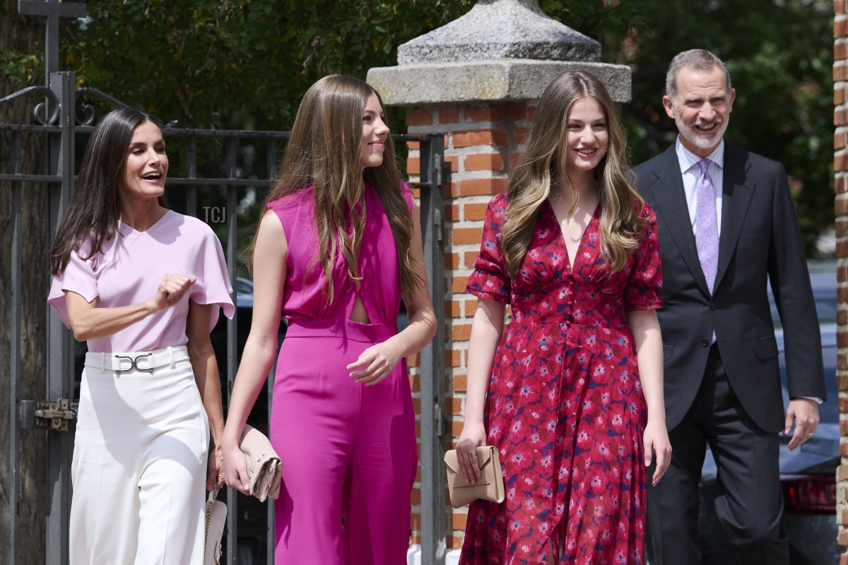 Queen Letizia, Infanta Sofia, Princess Leonor, and King Felipe VI of Spain arrive for the confirmation of Infanta Sofia of Spain at the Asuncion de Nuestra Señora Church in the municipality of Aravaca on May 25, 2023 in Madrid, Spain (Carlos Alvarez/Getty Images)