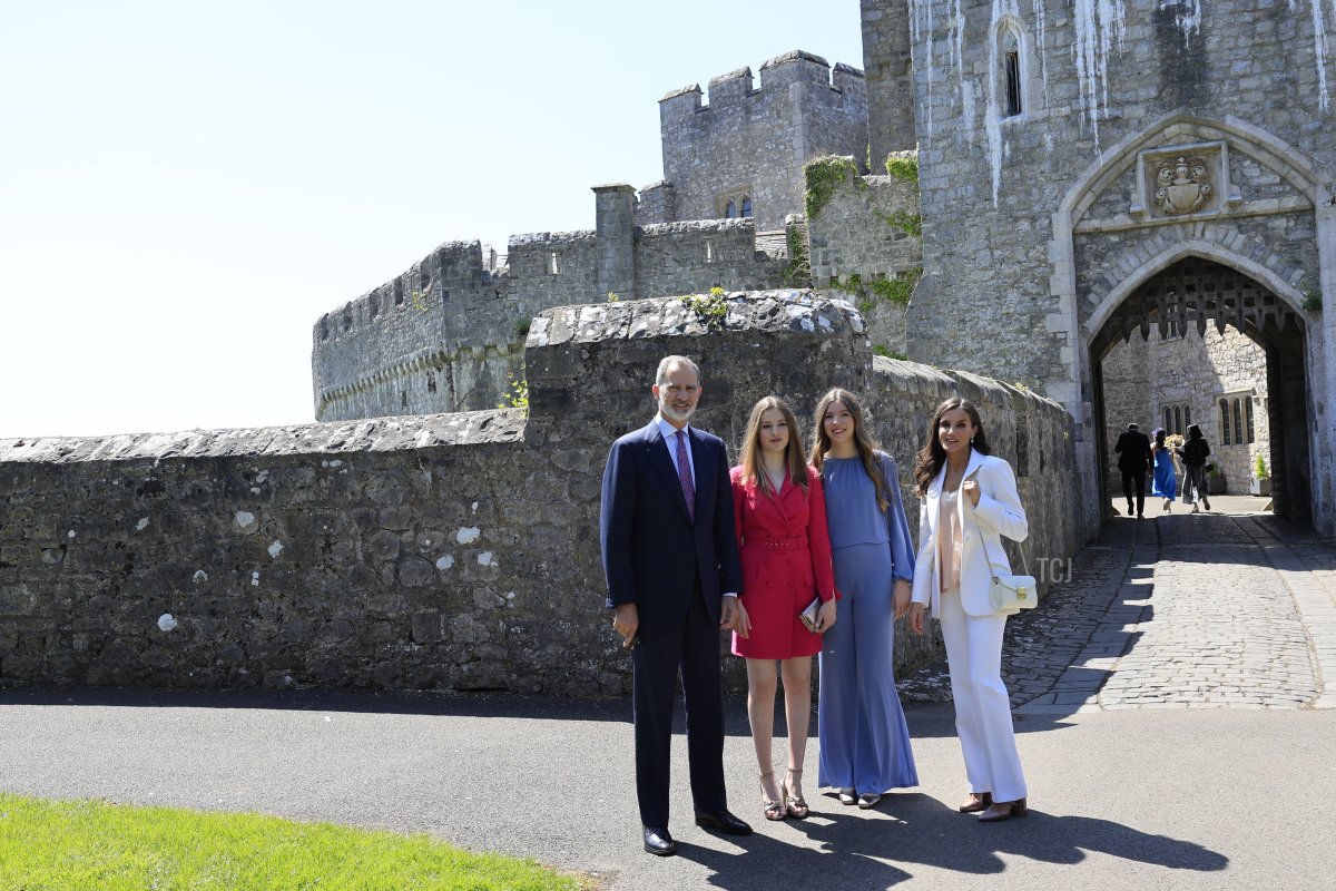 King Felipe VI, Princess Leonor, Infanta Sofia, and Queen Letizia of Spain attend the graduation of Princess Leonor at the UWC Atlantic College on May 20, 2023 in Llantwit Major, Wales (Handout/Spanish Royal Household via Getty Images)