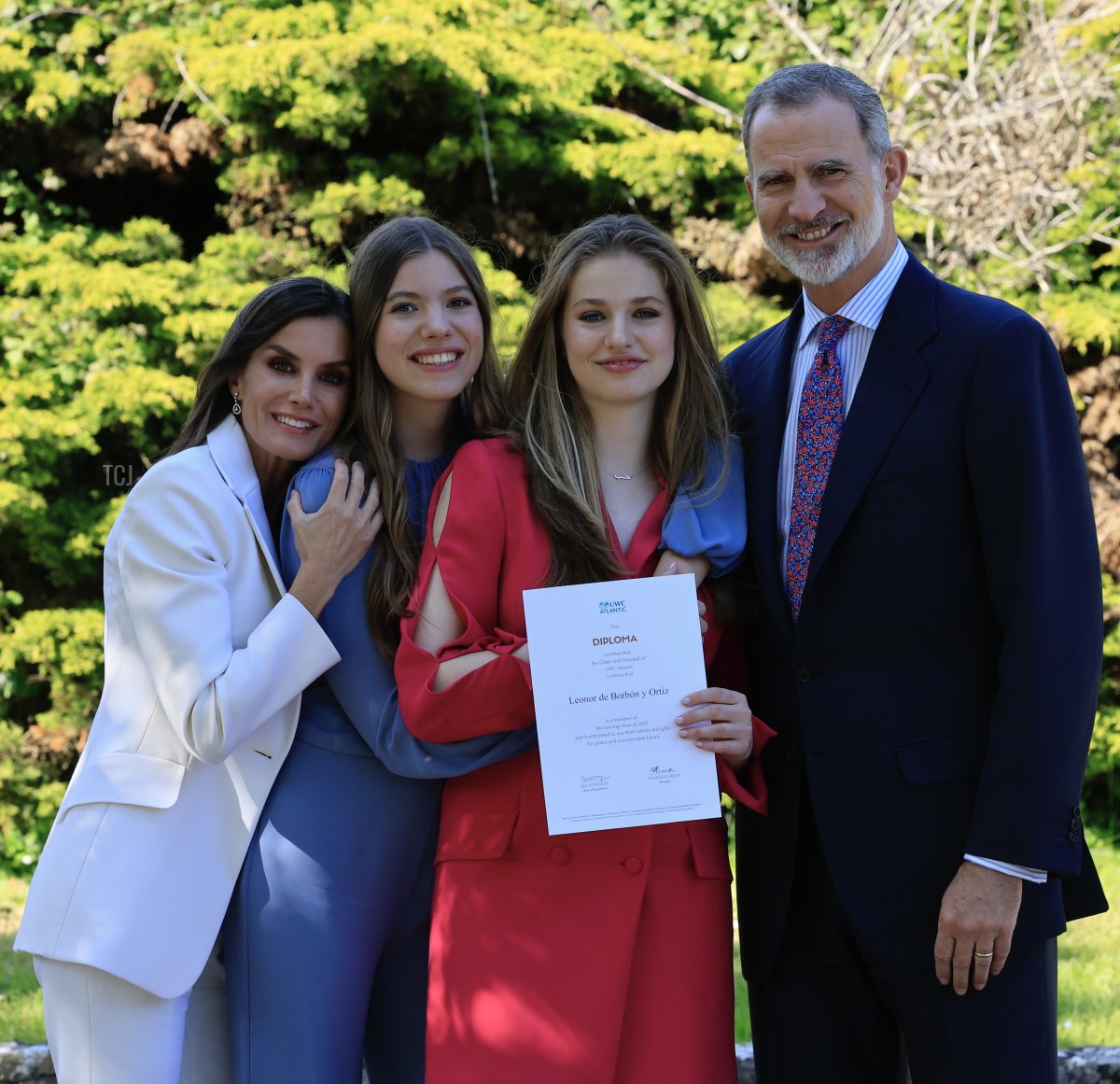 King Felipe VI, Princess Leonor, Infanta Sofia, and Queen Letizia of Spain attend the graduation of Princess Leonor at the UWC Atlantic College on May 20, 2023 in Llantwit Major, Wales (Handout/Spanish Royal Household via Getty Images)