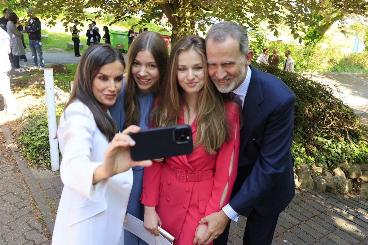 King Felipe VI, Princess Leonor, Infanta Sofia, and Queen Letizia of Spain attend the graduation of Princess Leonor at the UWC Atlantic College on May 20, 2023 in Llantwit Major, Wales (Handout/Spanish Royal Household via Getty Images)