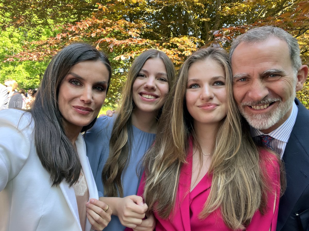 King Felipe VI, Princess Leonor, Infanta Sofia, and Queen Letizia of Spain attend the graduation of Princess Leonor at the UWC Atlantic College on May 20, 2023 in Llantwit Major, Wales (Handout/Spanish Royal Household via Getty Images)