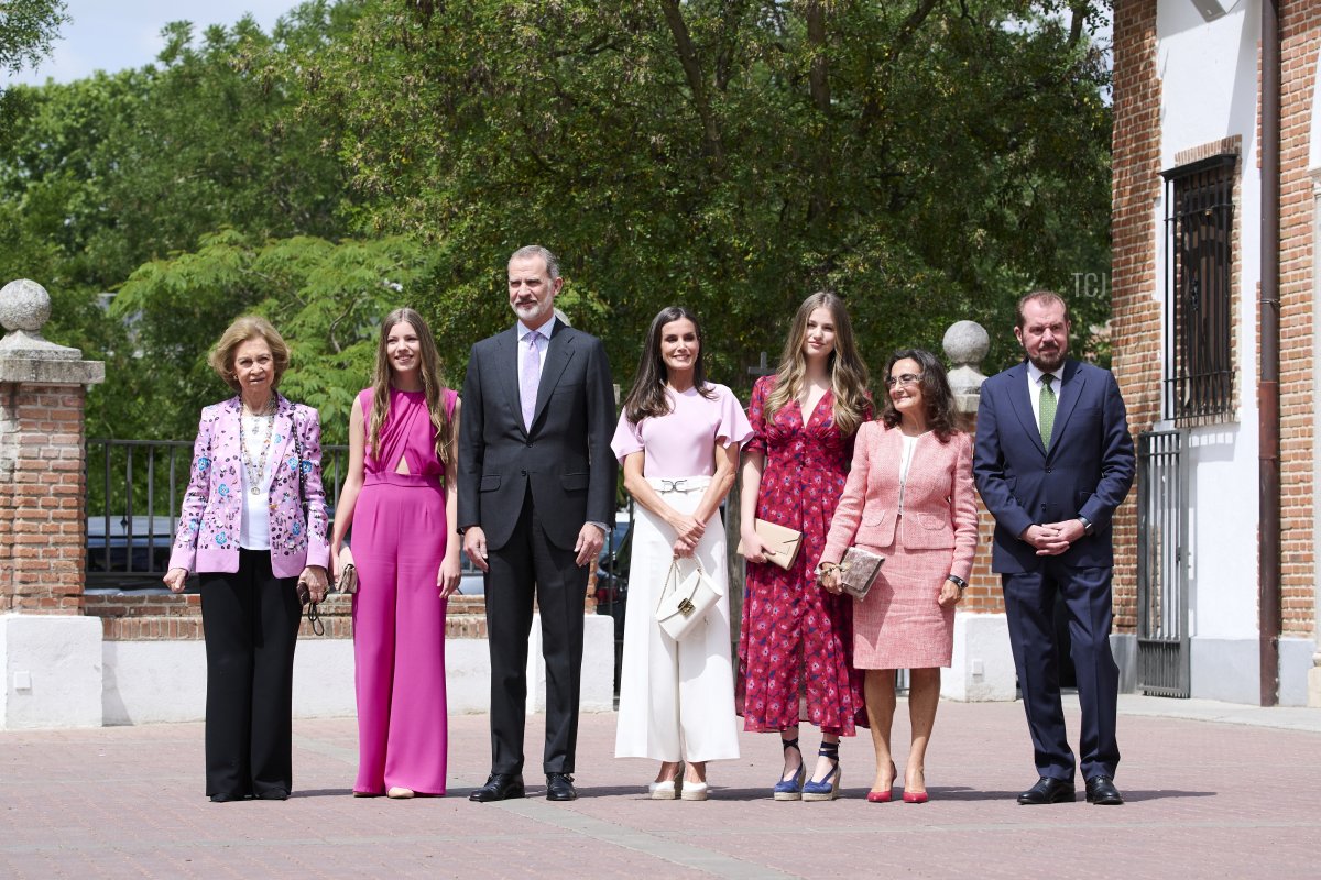 Queen Sofia, Infanta Sofia of Spain, King Felipe VI of Spain, Queen Letizia of Spain, Princess Leonor of Spain, Paloma Rocasolano, and Jesus Ortiz arrive for the confirmation of Infanta Sofia of Spain at the Asuncion de Nuestra Señora Church in the municipality of Aravaca on May 25, 2023 in Madrid, Spain (Carlos Alvarez/Getty Images)