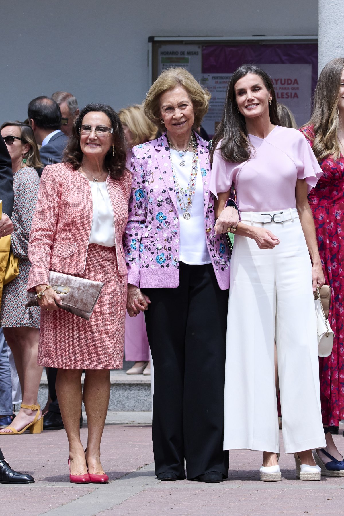 Paloma Rocasolano, Queen Sofia, and Queen Letizia of Spain arrive for the confirmation of Infanta Sofia of Spain at the Asuncion de Nuestra Señora Church in the municipality of Aravaca on May 25, 2023 in Madrid, Spain (Carlos Alvarez/Getty Images)