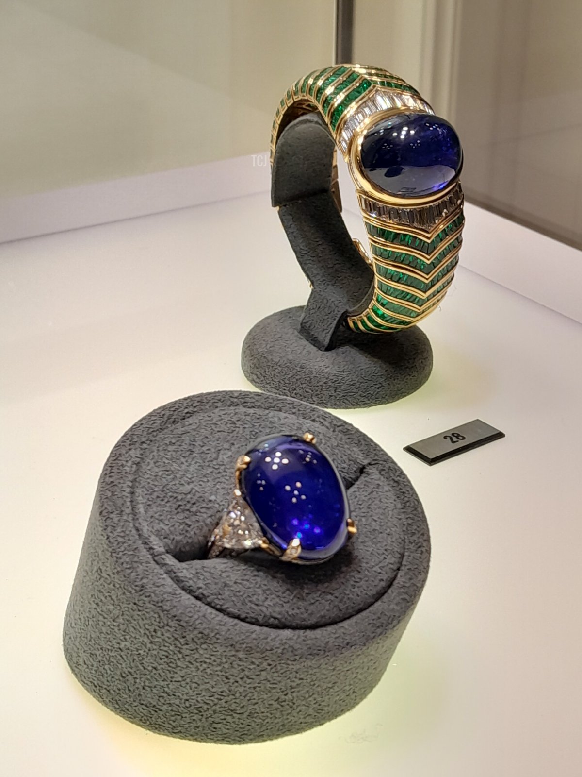 A Bulgari sapphire, diamond, and emerald bangle and a sapphire and diamond ring, from the collection of Heidi Horten, recently sold by Christie's in Geneva (Photo © Thomas. Do not reproduce.)