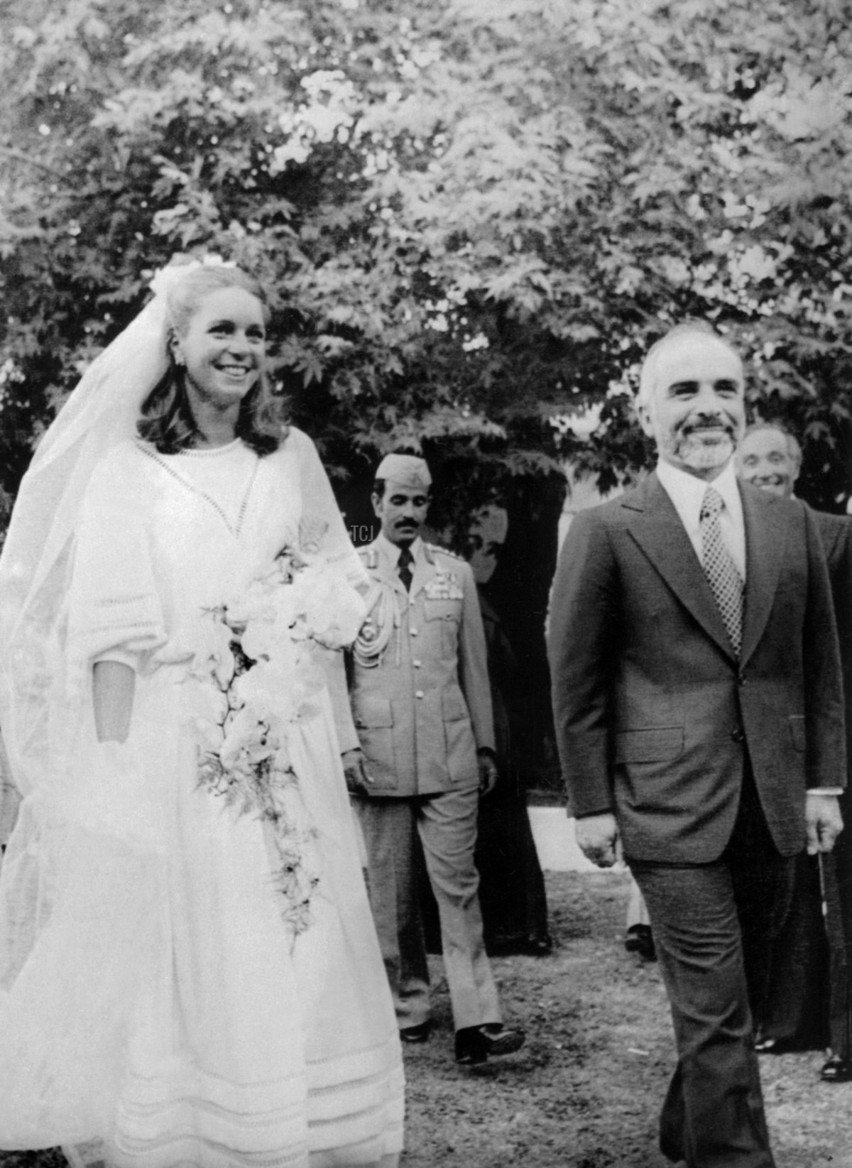King Hussein and Queen Noor of Jordan are pictured after their wedding, which was held at the home of his mother, Queen Zein, in Amman on June 15, 1978 (STF/AFP via Getty Images)