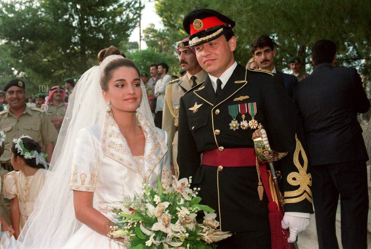 Prince Abdullah and Rania Al-Yassin are pictured on the day of their wedding at the Royal Palace in Amman on June 10, 1993 (RABIH MOGHRABI/AFP via Getty Images)