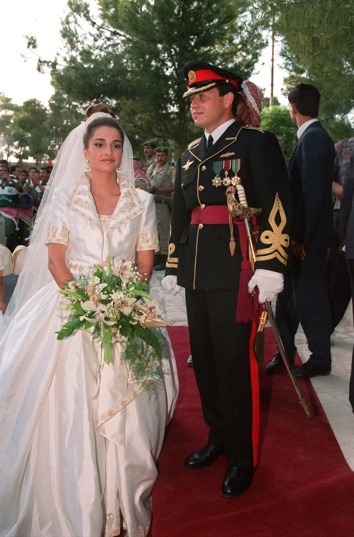 Prince Abdullah and Rania Al-Yassin are pictured on the day of their wedding at the Royal Palace in Amman on June 10, 1993 (RABIH MOGHRABI/AFP via Getty Images)