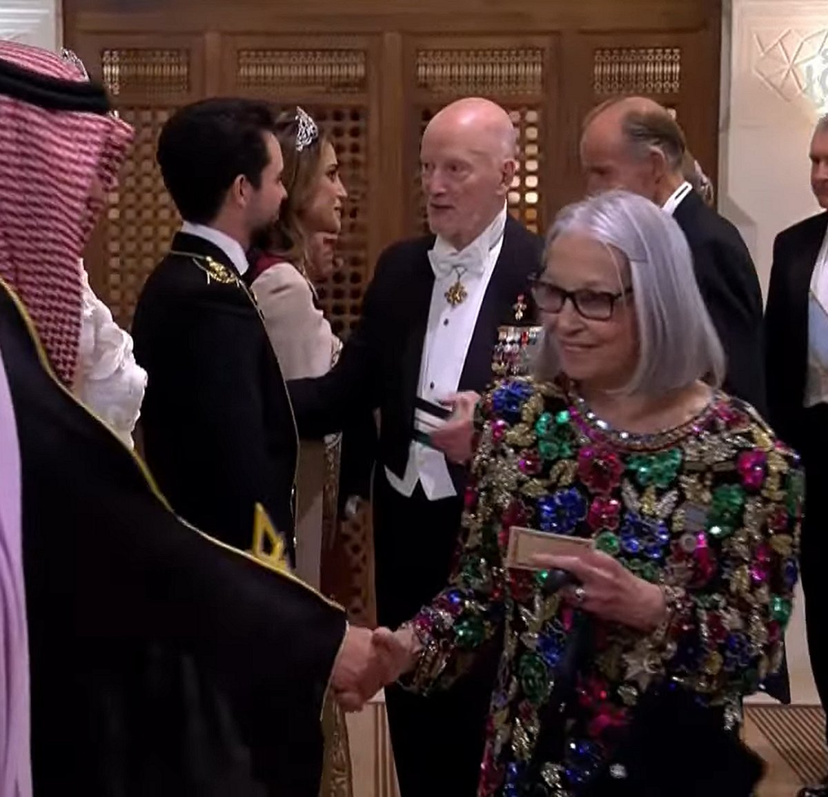 Simeon and Margarita of Bulgaria attend a banquet celebrating the wedding of Crown Prince Hussein and Princess Rajwa in Amman, June 1, 2023 (Screencapture/Roya News English)