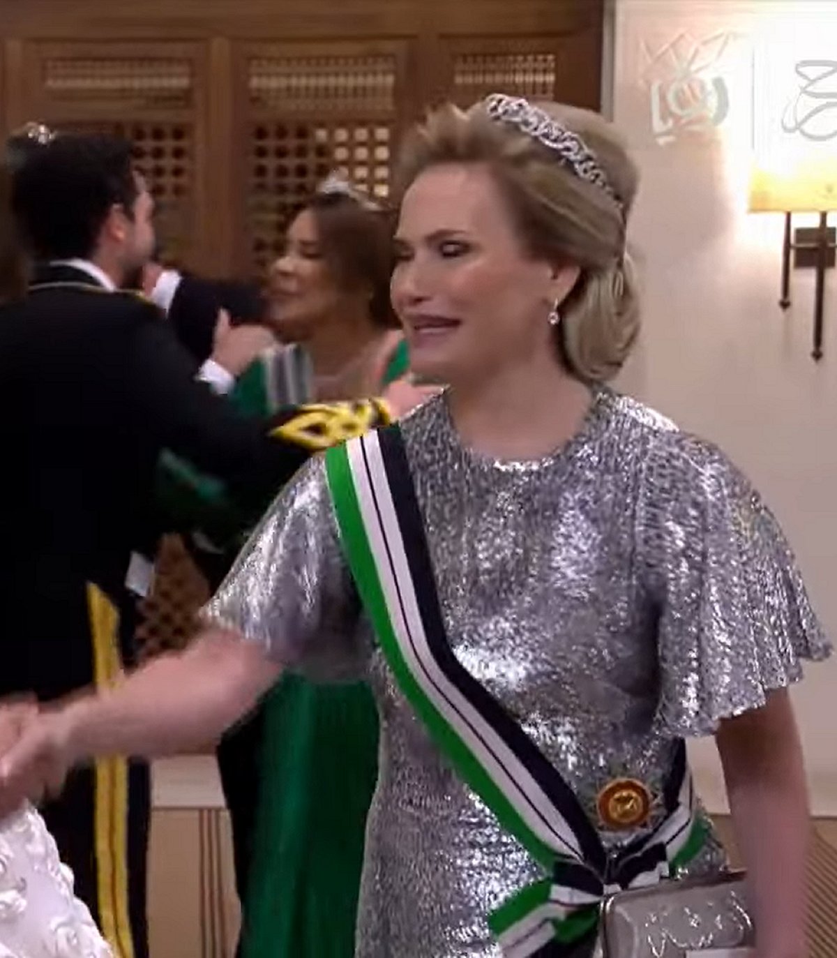 Princess Aisha bint Hussein attends a banquet celebrating the wedding of Crown Prince Hussein and Princess Rajwa in Amman, June 1, 2023 (Screencapture/Roya News English)