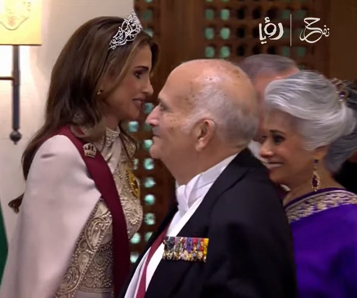 Prince Hassan bin Talal and Princess Sarvath attend a banquet celebrating the wedding of Crown Prince Hussein and Princess Rajwa in Amman, June 1, 2023 (Screencapture/Roya News English)