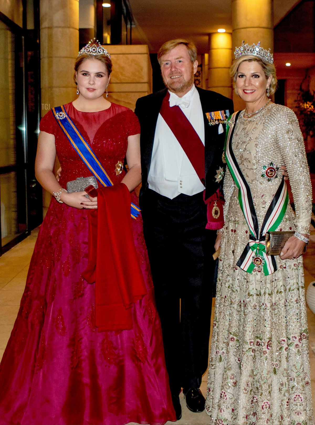 The Princess of Orange and the King and Queen of the Netherlands leave their hotel for to the banquet celebrating the wedding of Crown Prince Hussein and Princess Rajwa of Jordan in Amman, June 1, 2023 (Albert Nieboer/DPA Picture Alliance/Alamy)