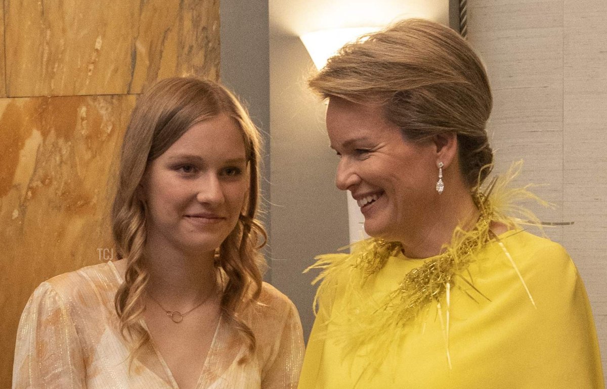Princess Eleonore of Belgium and Queen Mathilde of the Belgians are pictured during the finals of the Queen Elisabeth Voice Competition at the Flagey Concert Hall in Brussels, June 3, 2023 (NICOLAS MAETERLINCK/BELGA MAG/AFP via Getty Images)