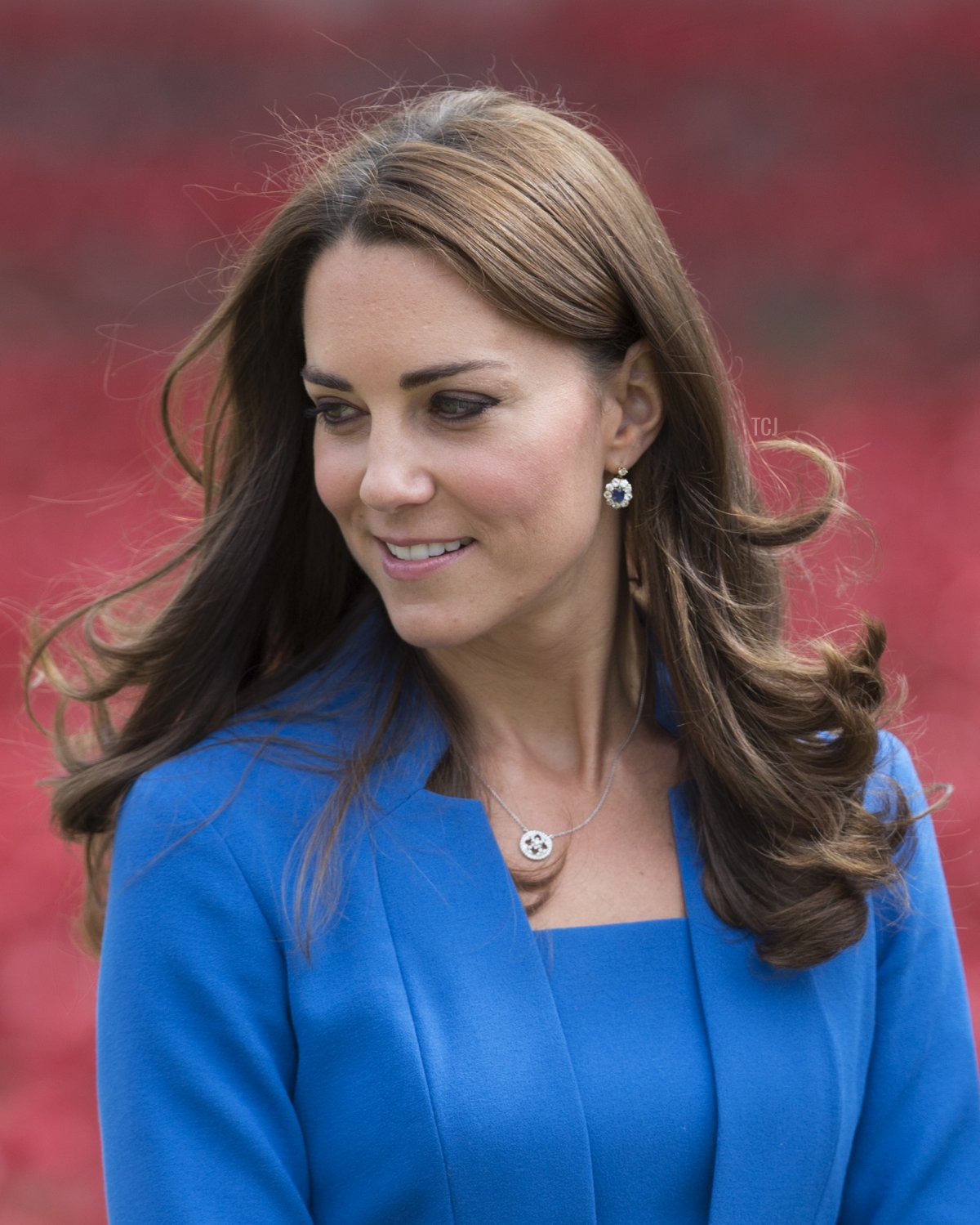 The Duchess of Cambridge walks through an installation entitled "Blood Swept Lands and Seas of Red" by artist Paul Cummins, made up of 888,246 ceramic poppies in the moat of the Tower of London, to commemorate the First World War on August 5, 2014 in London, England (Oli Scarff/Getty Images)