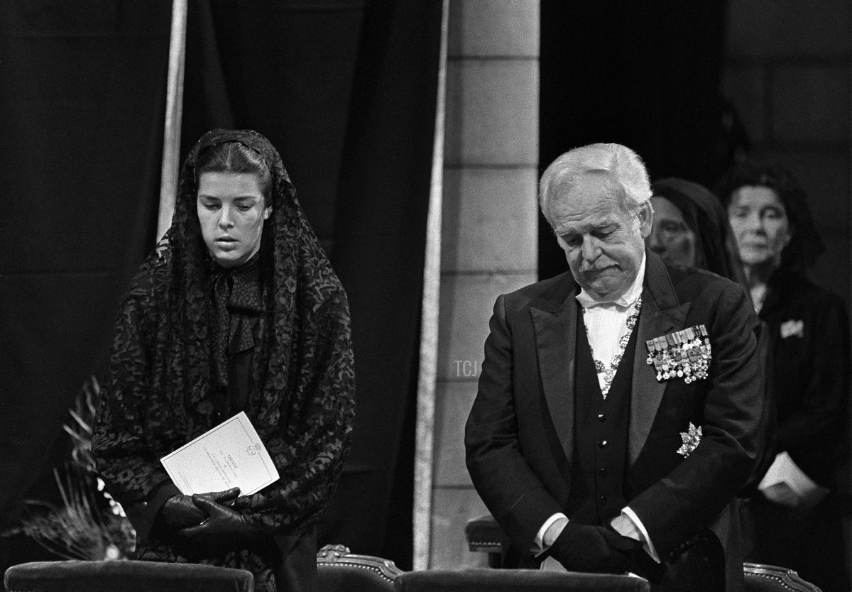 Princess Caroline and Prince Rainier III of Monaco attend the funeral of Princess Grace at Monaco's cathedral, September 18, 1982 (AFP via Getty Images)