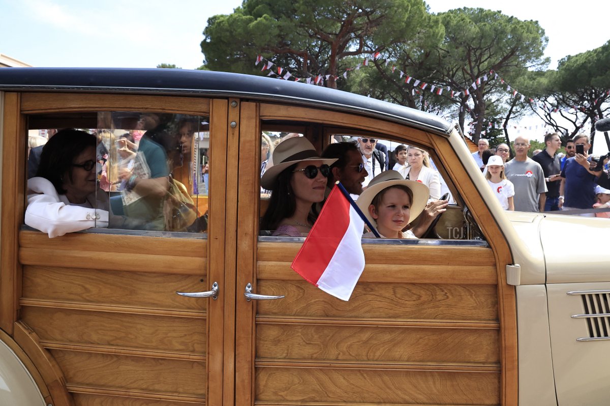 Andrea Casiraghi, Tatiana Casiraghi, Maximilian Casiraghi, Princess Stephanie of Monaco, and Pauline Ducruet take part in a parade of vintage cars during celebrations to mark the centenary of the birth of the late Prince Rainier III in Monaco on May 31, 2023 (VALERY HACHE/POOL/AFP via Getty Images)
