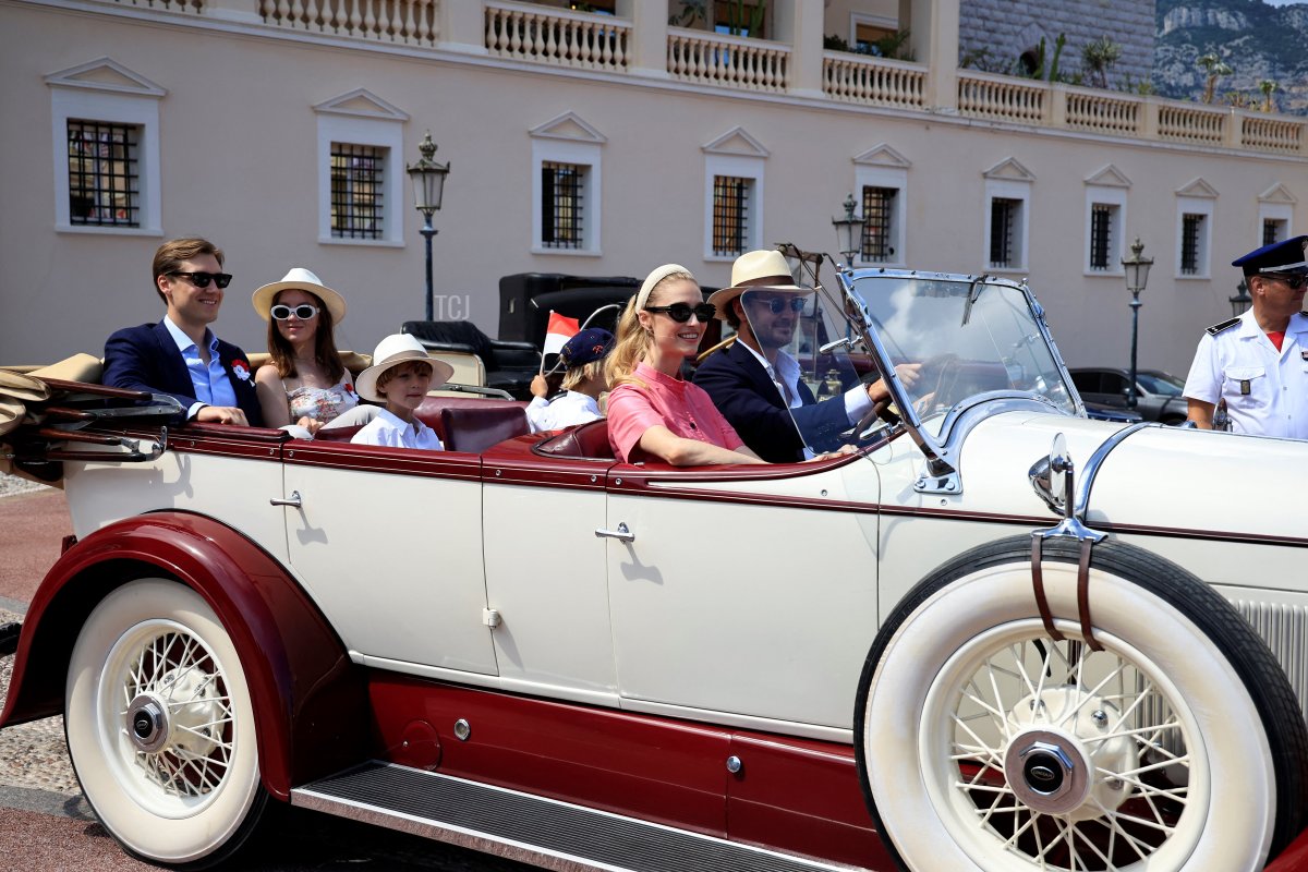 Pierre Casiraghi, Beatrice Borromeo Casiraghi, Stefano Casiraghi, Francesco Casiraghi, Princess Alexandra of Hanover, and Ben-Sylvester Strautmann take part in a parade of vintage cars during celebrations to mark the centenary of the birth of the late Prince Rainier III in Monaco on May 31, 2023 (VALERY HACHE/POOL/AFP via Getty Images)