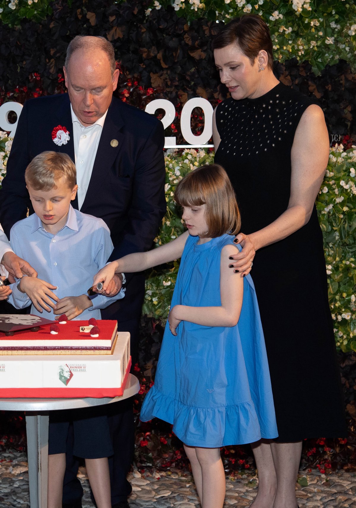 Prince Albert II and Princess Charlene of Monaco are pictured with Prince Jacques and Princess Gabriella during celebrations to mark the centenary of the birth of the late Prince Rainier III in Monaco on May 31, 2023 (Pierre Villard - Pool/Getty Images)