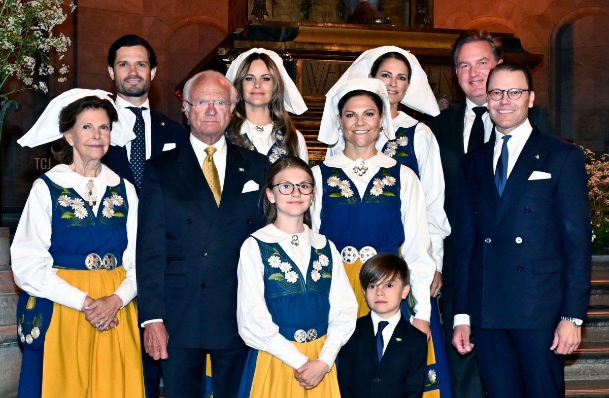 The Swedish royal family is pictured at the National Day reception at the Nordic Museum in Stockholm in front of the statue of Gustav Vasa, June 6, 2023 (Jonas Ekströmer/TT News Agency/Alamy)