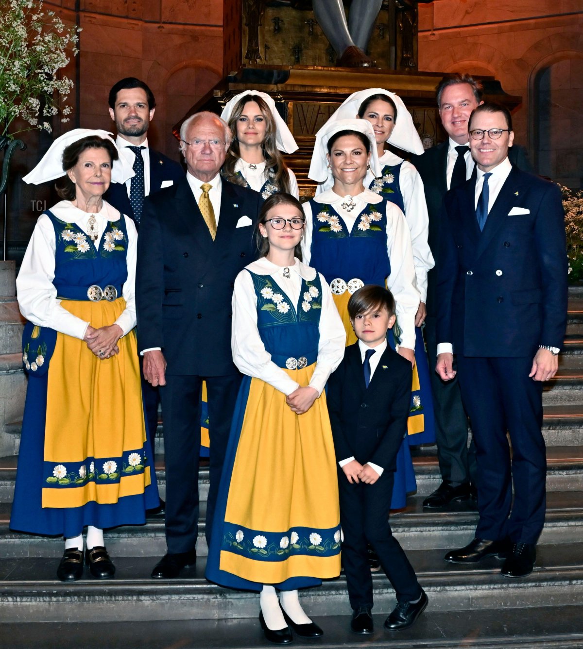 The Swedish royal family is pictured at the National Day reception at the Nordic Museum in Stockholm in front of the statue of Gustav Vasa, June 6, 2023 (Jonas Ekströmer/TT News Agency/Alamy)
