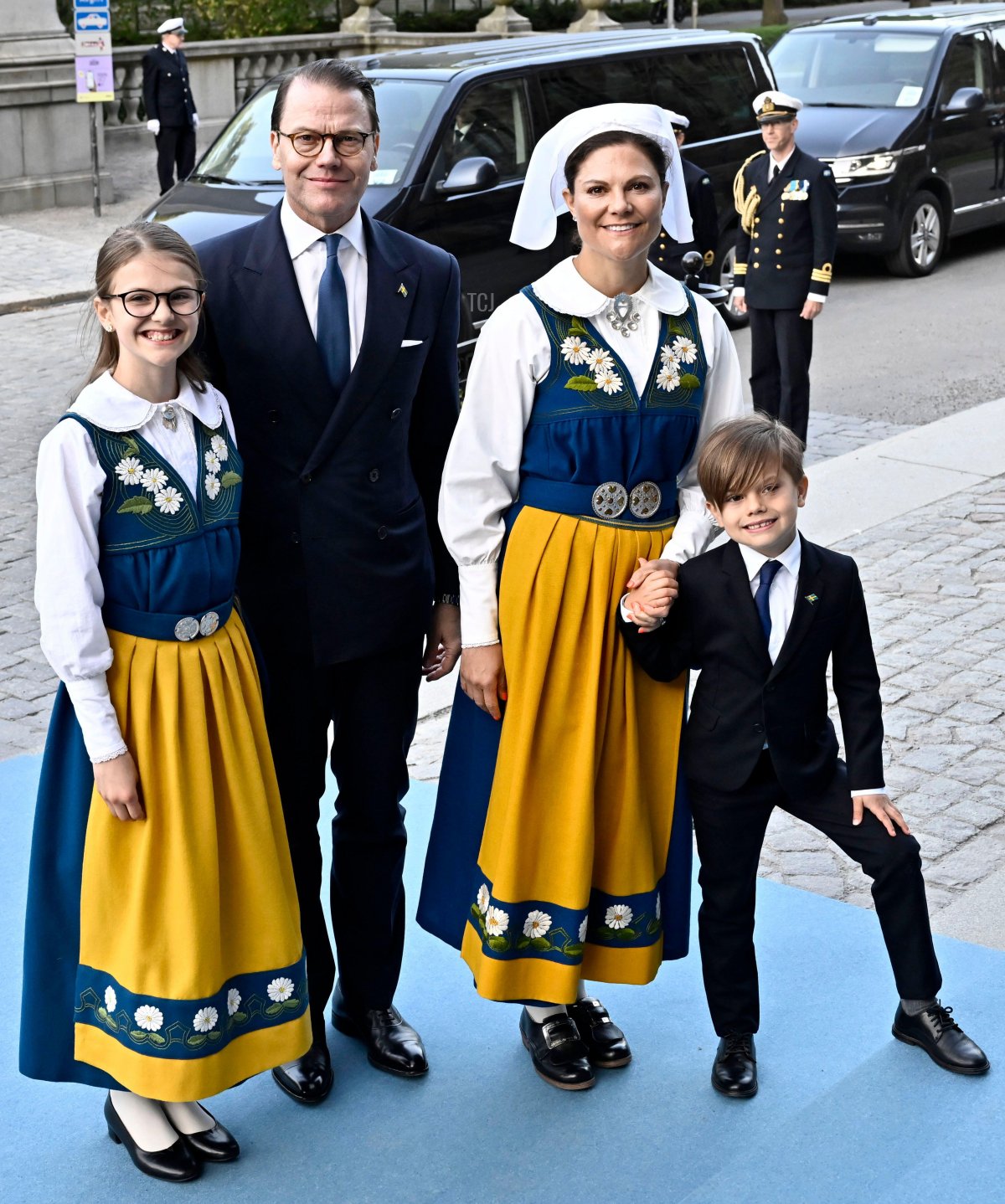 Crown Princess Victoria and Prince Daniel of Sweden, with their children, Princess Estelle and Prince Oscar, arrive at the National Day reception at the Nordic Museum in Stockholm, June 6, 2023 (Jonas Ekströmer/TT News Agency/Alamy)