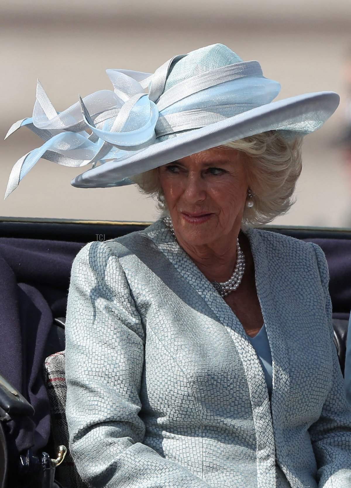 The Duchess of Cornwall travels in a carriage to Horse Guards Parade ahead of Trooping the Colour in London on June 9, 2018 (DANIEL LEAL/AFP via Getty Images)
