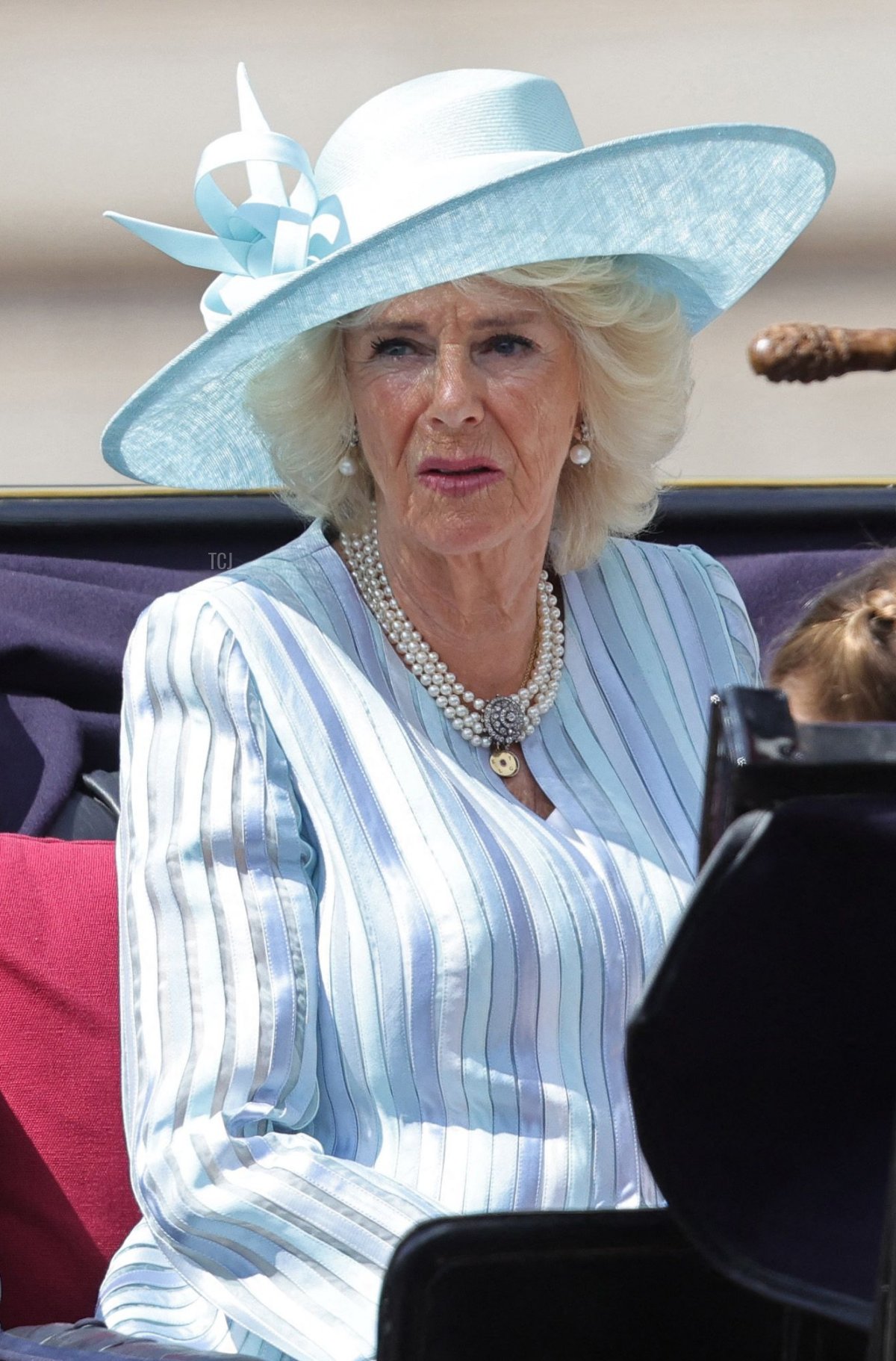 The Duchess of Cornwall travels in a horse-drawn carriage during the Queen's Birthday Parade, Trooping the Colour, part of Queen Elizabeth II's Platinum Jubilee celebrations in London on June 2, 2022 (CHRIS JACKSON/POOL/AFP via Getty Images)