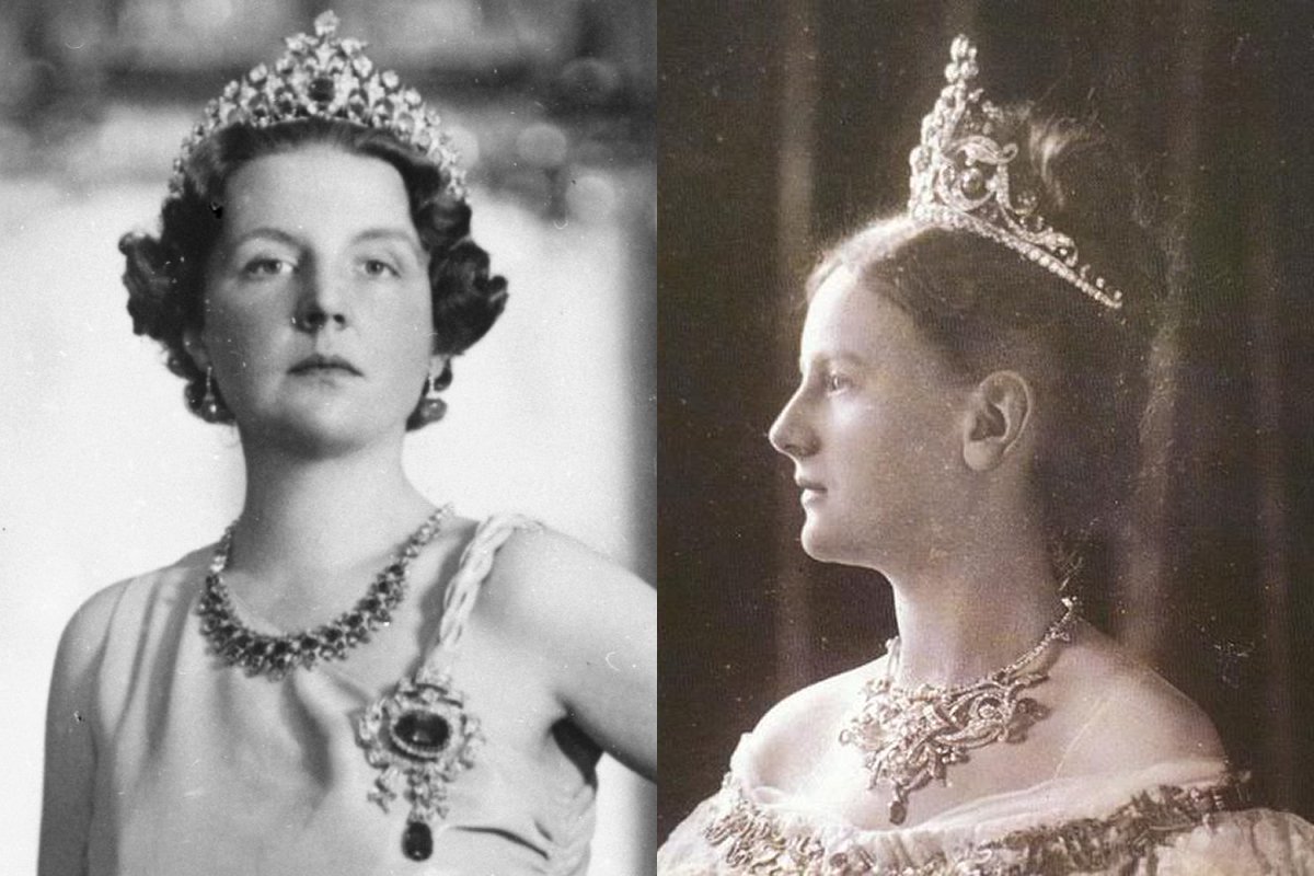 Princess Juliana of the Netherlands, photographed by Franz Ziegler, 1937; Queen Wilhelmina of the Netherlands in an official portrait, 1901 (Wikimedia Commons)