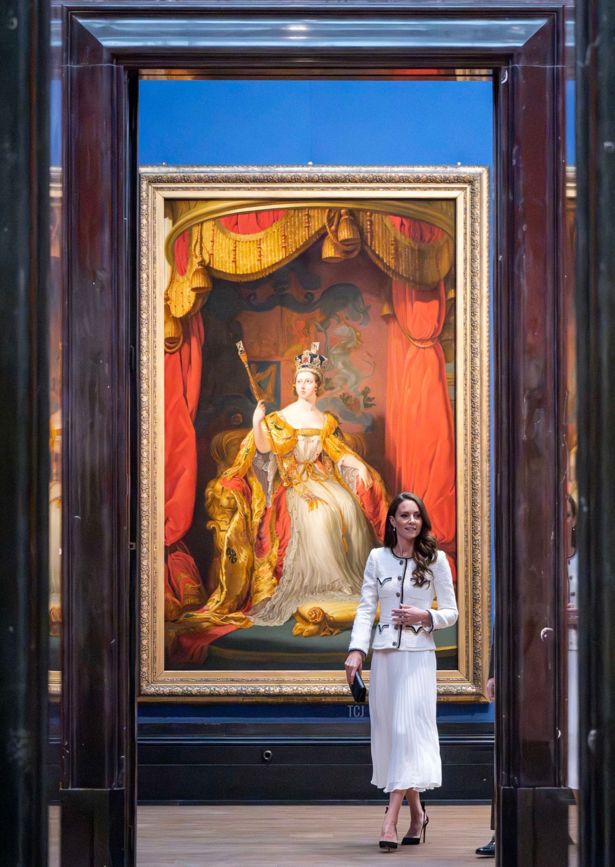 The Princess of Wales passes a replica of a painting by George Hayter depicting Queen Victoria as she attends the reopening of National Portrait Gallery in London on June 20, 2023 (Paul Grover - WPA Pool/Getty Images)