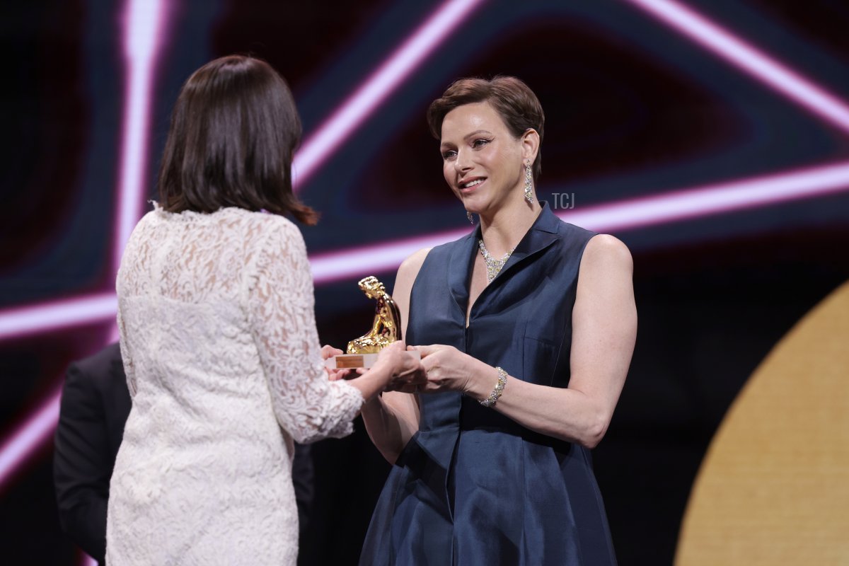 Princess Charlene of Monaco hands out prizes at the Golden Nymph Awards ceremony during the 62nd Monte-Carlo Television Festival in Monaco on June 20, 2023 (Pascal Le Segretain/Getty Images)
