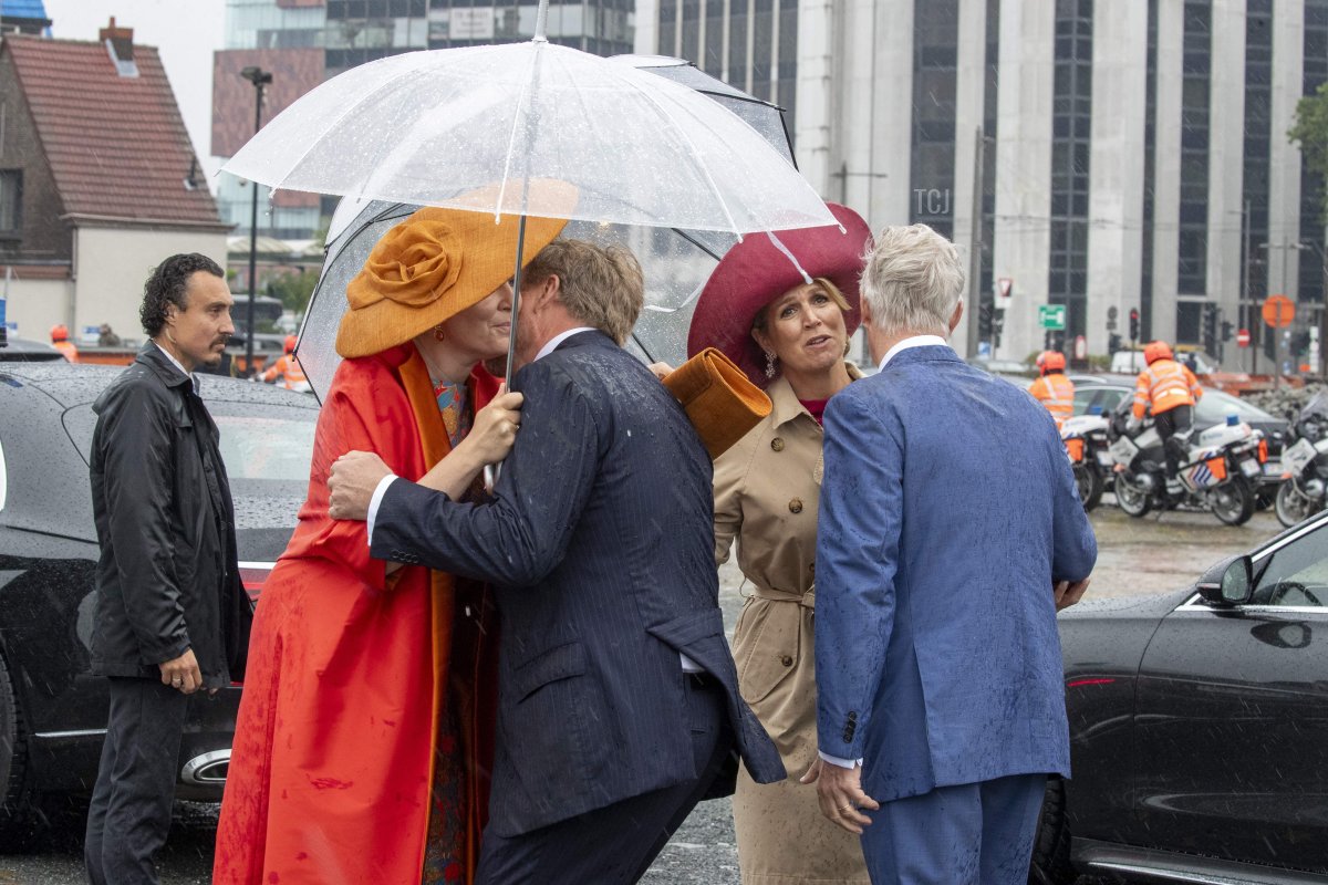 The King and Queen of the Netherlands and the King and Queen of the Belgians say their goodbyes during the farewell ceremony at the cruise terminal of the Port of Antwerp, on the third and final day of the official state visit of the Dutch royal couple to Belgium, June 22, 2023 (NICOLAS MAETERLINCK/BELGA MAG/AFP via Getty Images)