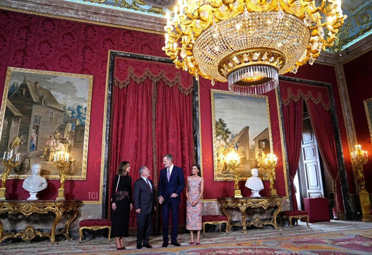 The King and Queen of Spain host the King and Queen of Jordan for an official luncheon at the Royal Palace in Madrid, June 19, 2023 (PAUL WHITE/POOL/AFP via Getty Images)