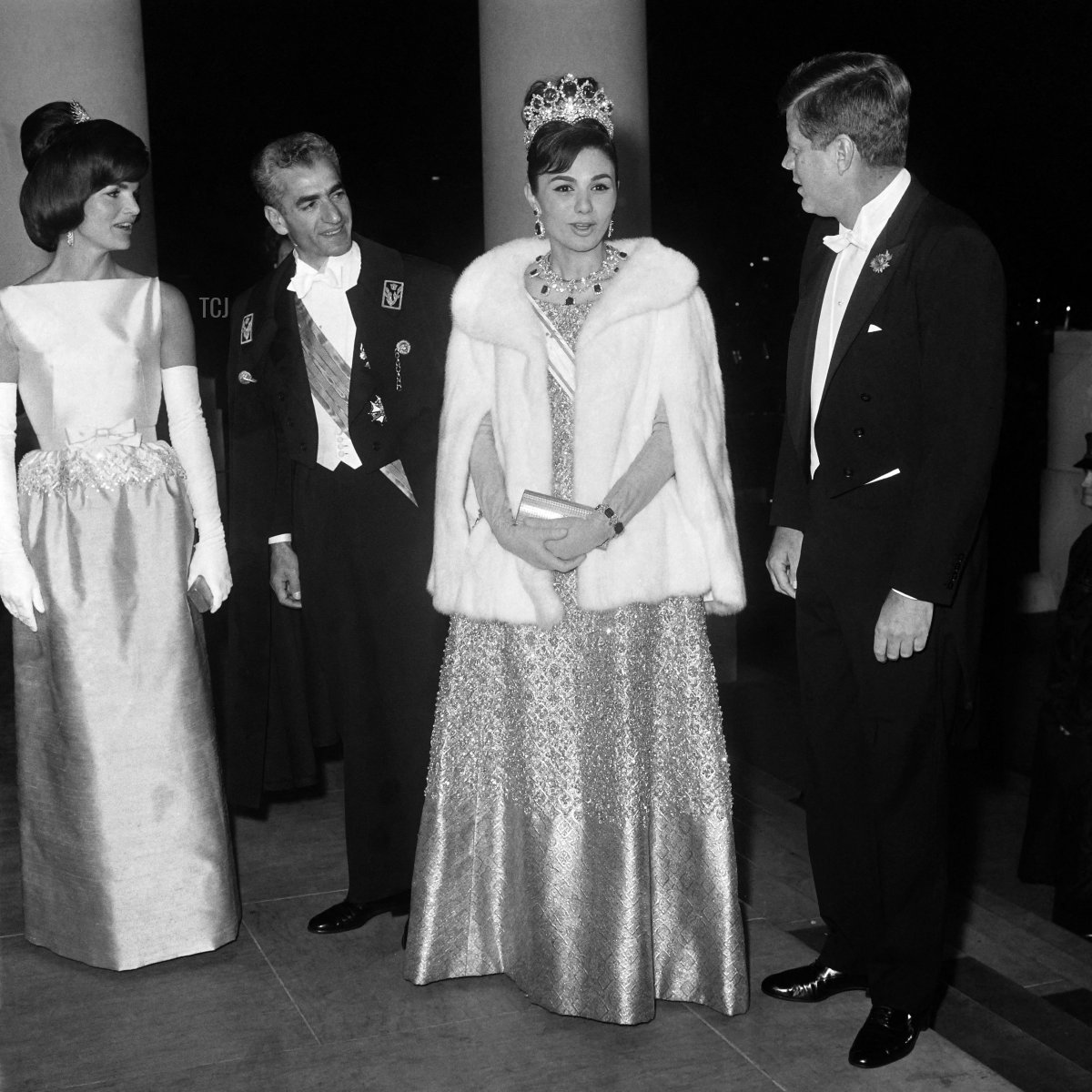 President John F. Kennedy and First Lady Jacqueline Kennedy host the Shah and Shahbanu of Iran for a state dinner at the White House in Washington, D.C., on April 11, 1962 (AFP via Getty Images)