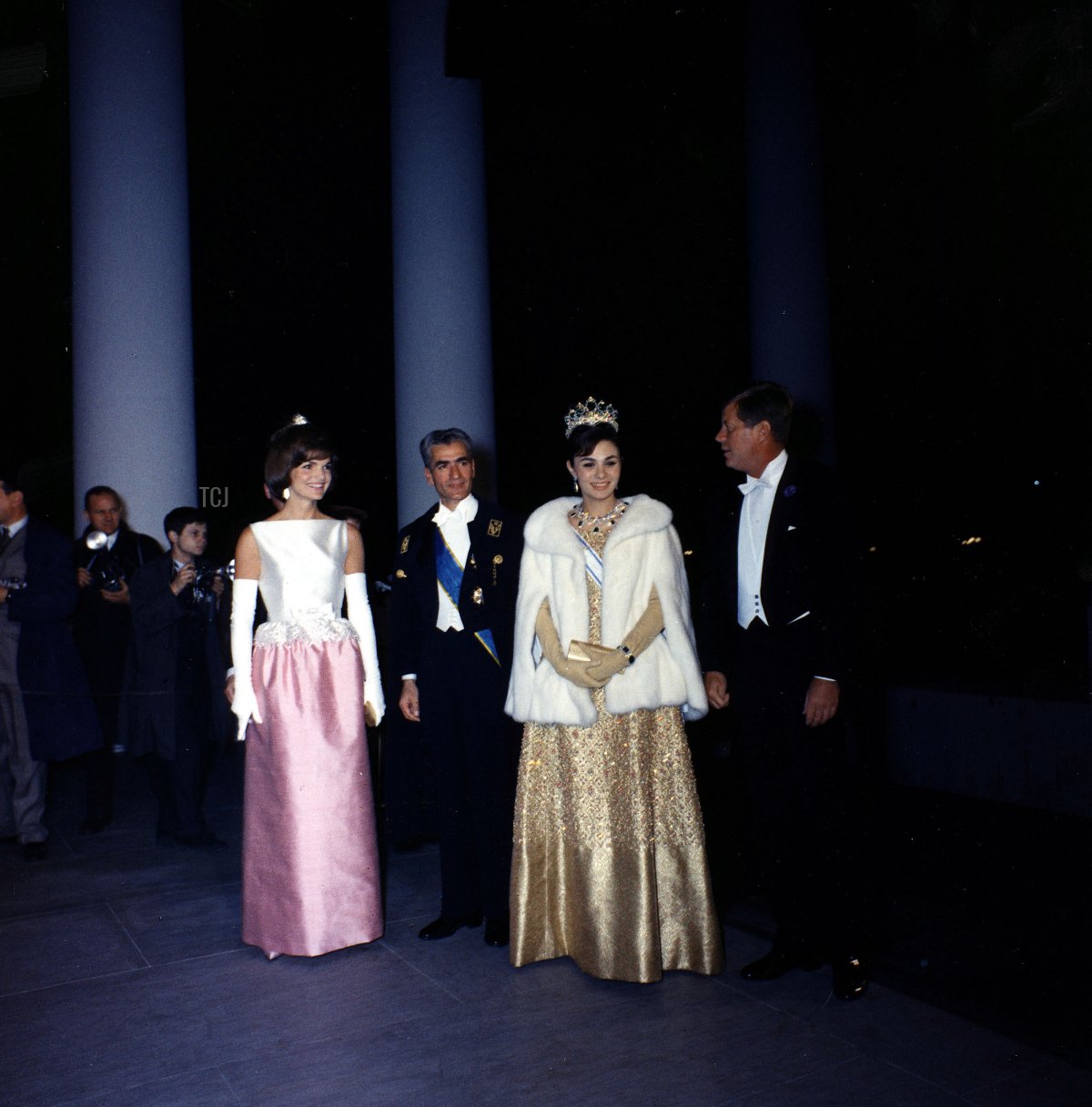 President John F. Kennedy and First Lady Jacqueline Kennedy host the Shah and Shahbanu of Iran for a state dinner at the White House in Washington, D.C., on April 11, 1962 (Kennedy Library Archives/Newsmakers via Getty Images)