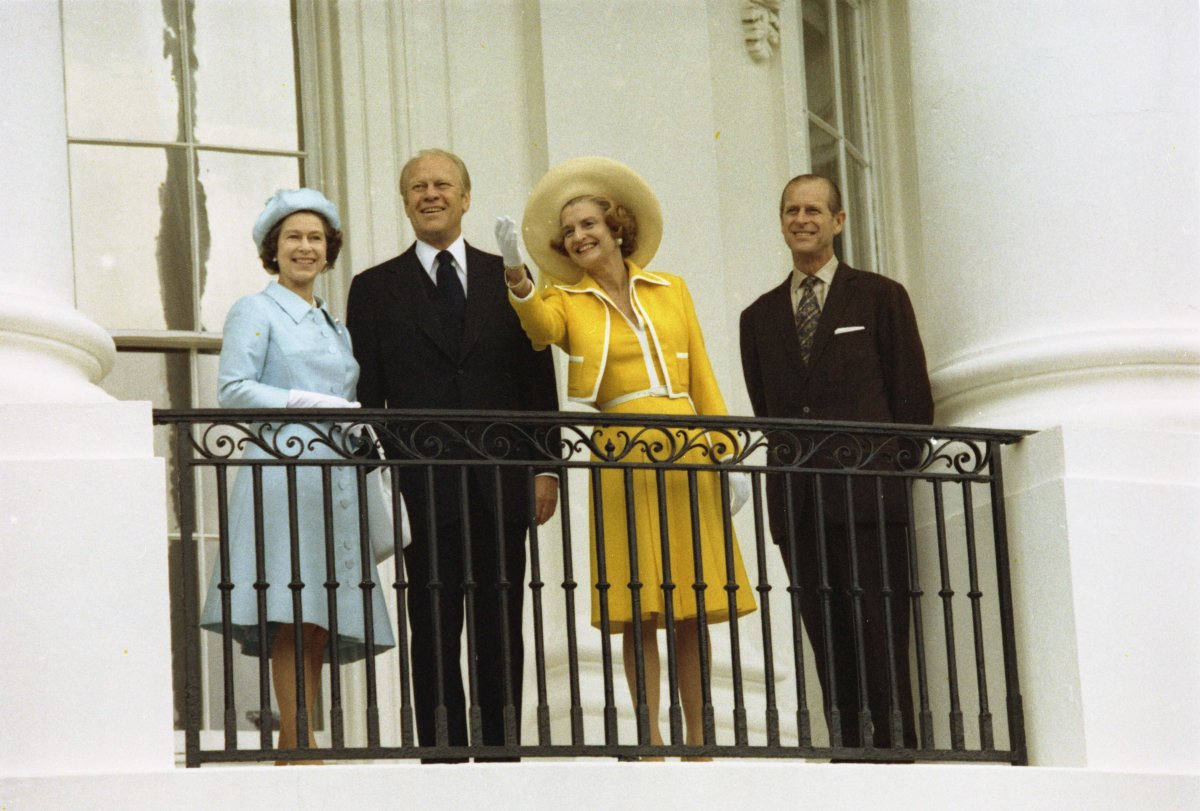 Queen Elizabeth II, President Gerald Ford, First Lady Betty Ford, and Prince Philip are pictured on the Truman Balcony at the White House in Washington, D.C., July 7, 1976 (National Archives and Records Administration/Wikimedia Commons)