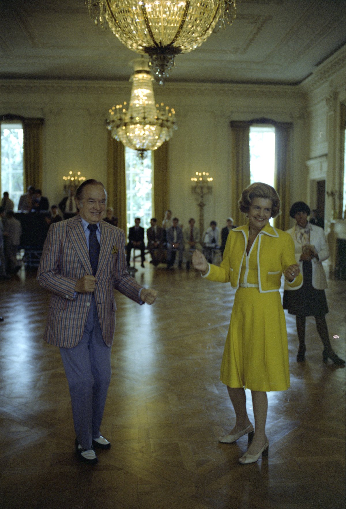 First Lady Betty Ford and Bob Hope dance during preparations for a state dinner at the White House in Washington, D.C., July 7, 1976 (National Archives and Records Administration/Wikimedia Commons)