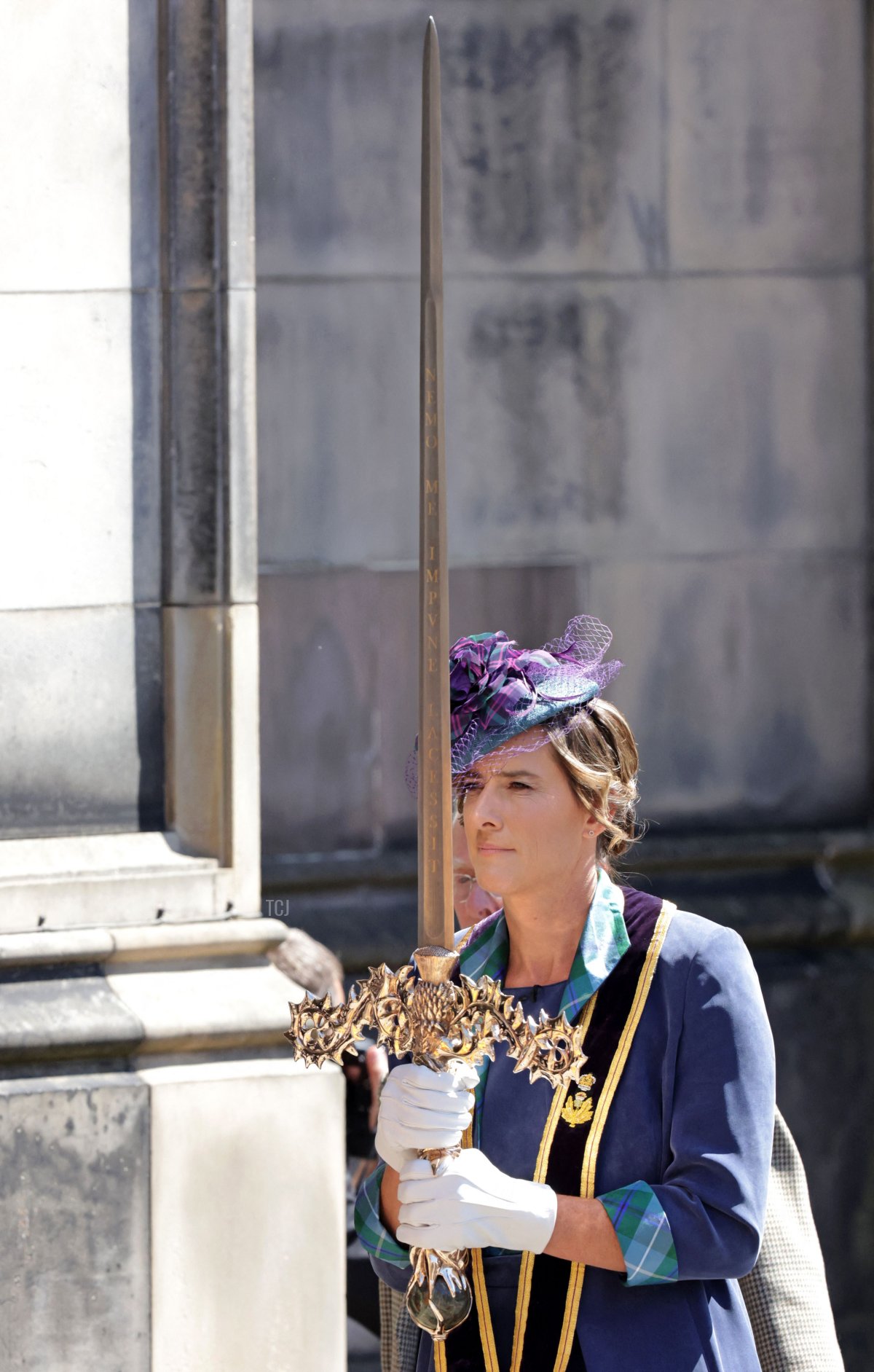 Dame Katherine Grainger carries the Elizabeth Sword as she arrives for a service of thanksgiving and dedication at St Giles' Cathedral in Edinburgh on July 5, 2023 (CHRIS JACKSON/POOL/AFP via Getty Images)