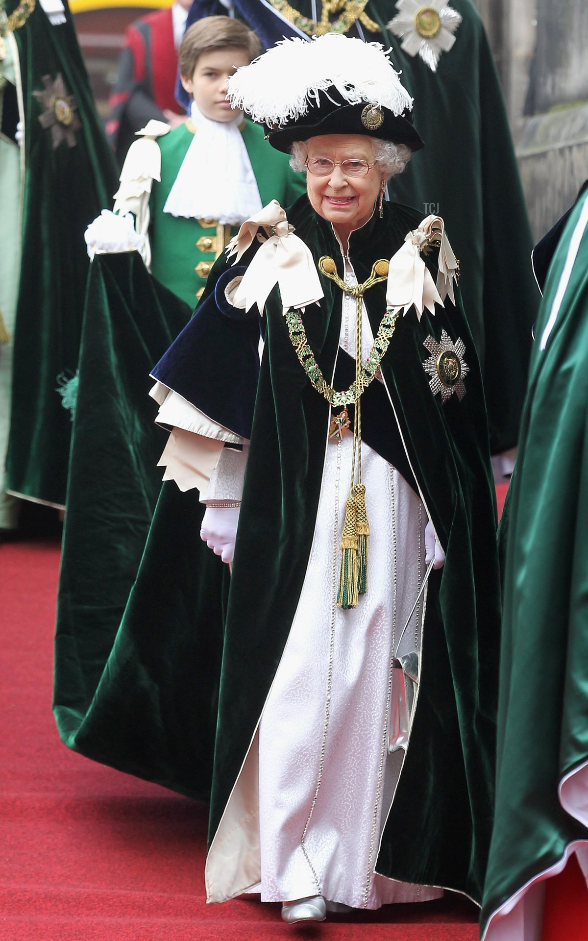 Queen Elizabeth II smiles as she leaves St Giles Cathederal after the Thistle Ceremony on July 5, 2012 in Edinburgh (Chris Jackson/Getty Images)