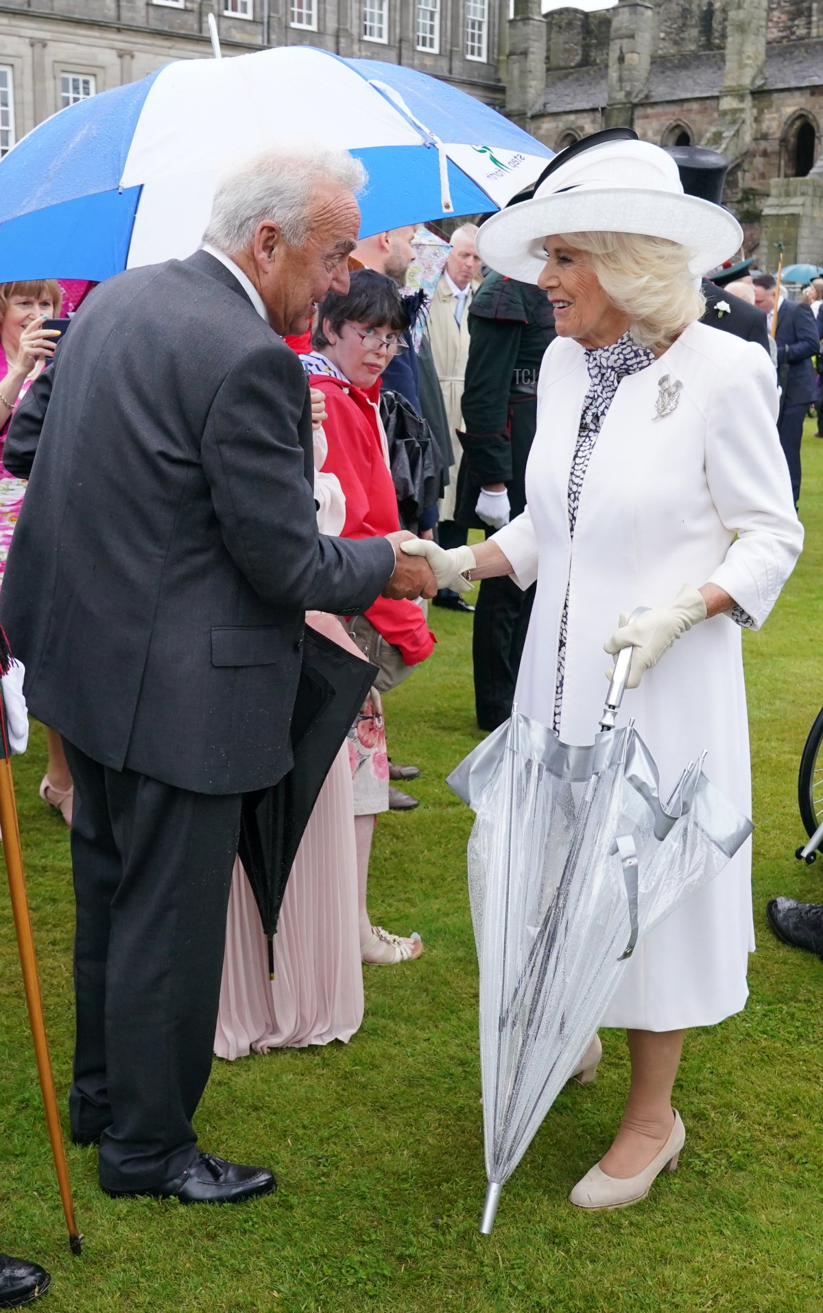 Queen Camilla attends a garden party at the Palace of Holyroodhouse in Edinburgh on July 4, 2023 (Jonathan Brady - WPA Pool/Getty Images)