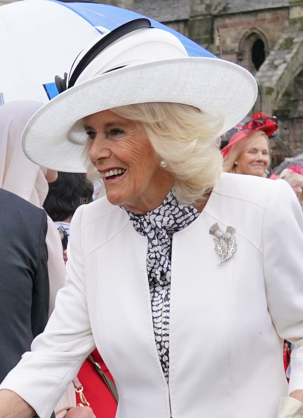 Queen Camilla attends a garden party at the Palace of Holyroodhouse in Edinburgh on July 4, 2023 (Jonathan Brady - WPA Pool/Getty Images)