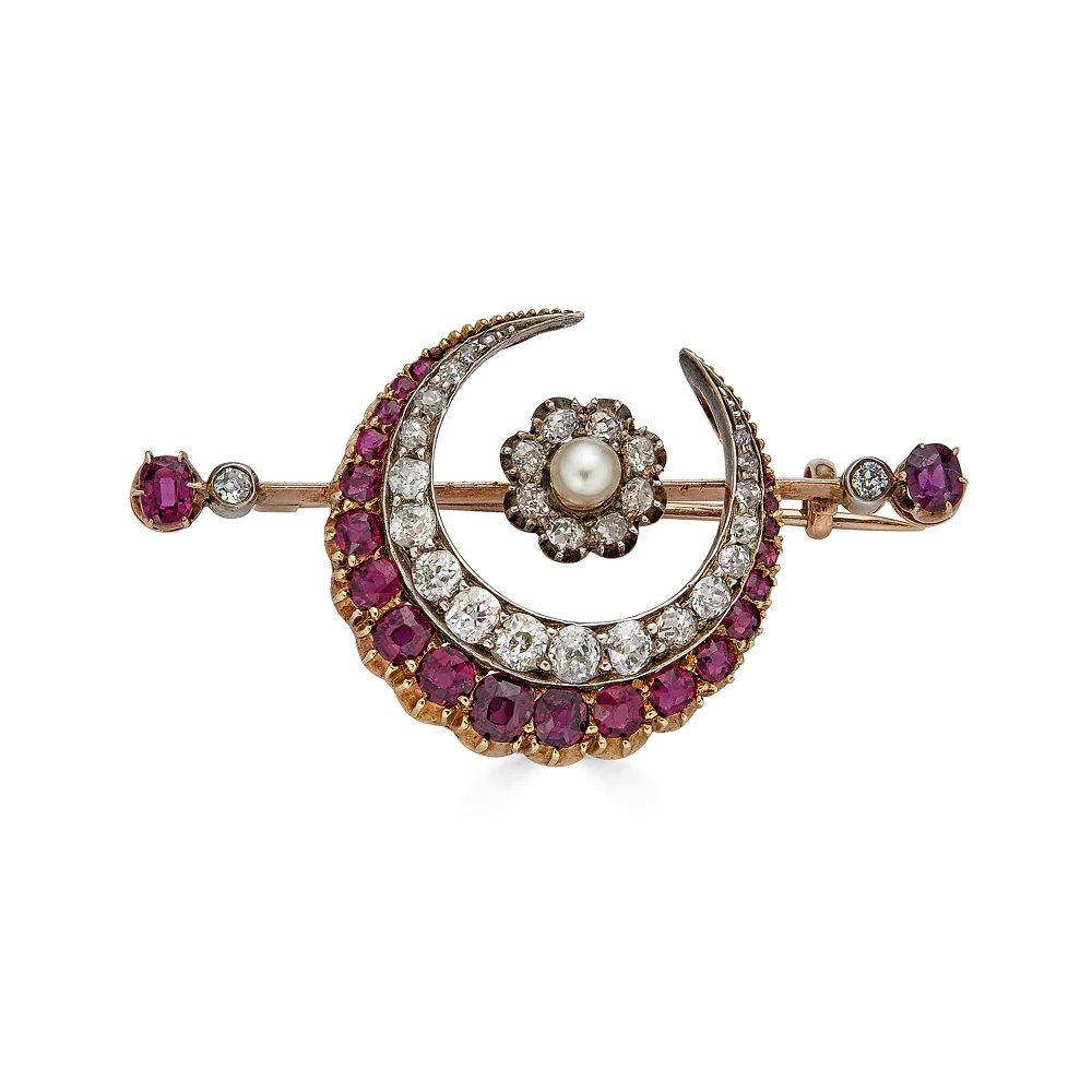 Antique Diamond and Ruby Crescent Brooch with Central Pearl (Kil NYC)