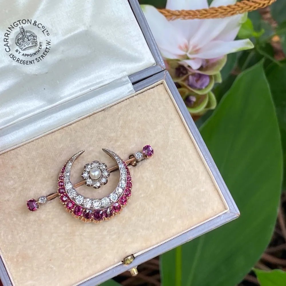 Antique Ruby and Diamond Crescent Brooch by Carrington & Co. (Estate Jewelry Mama)