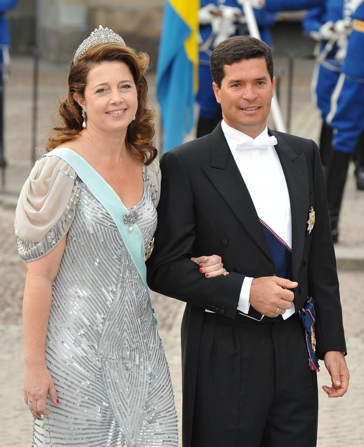 Princess Alexia of Greece and Denmark and Carlos Morales Quintana attend the wedding of Crown Princess Victoria of Sweden and Daniel Westling in Stockholm on June 19, 2010 (Mousse-Nebinger-Orban/Abaca Press/Alamy)