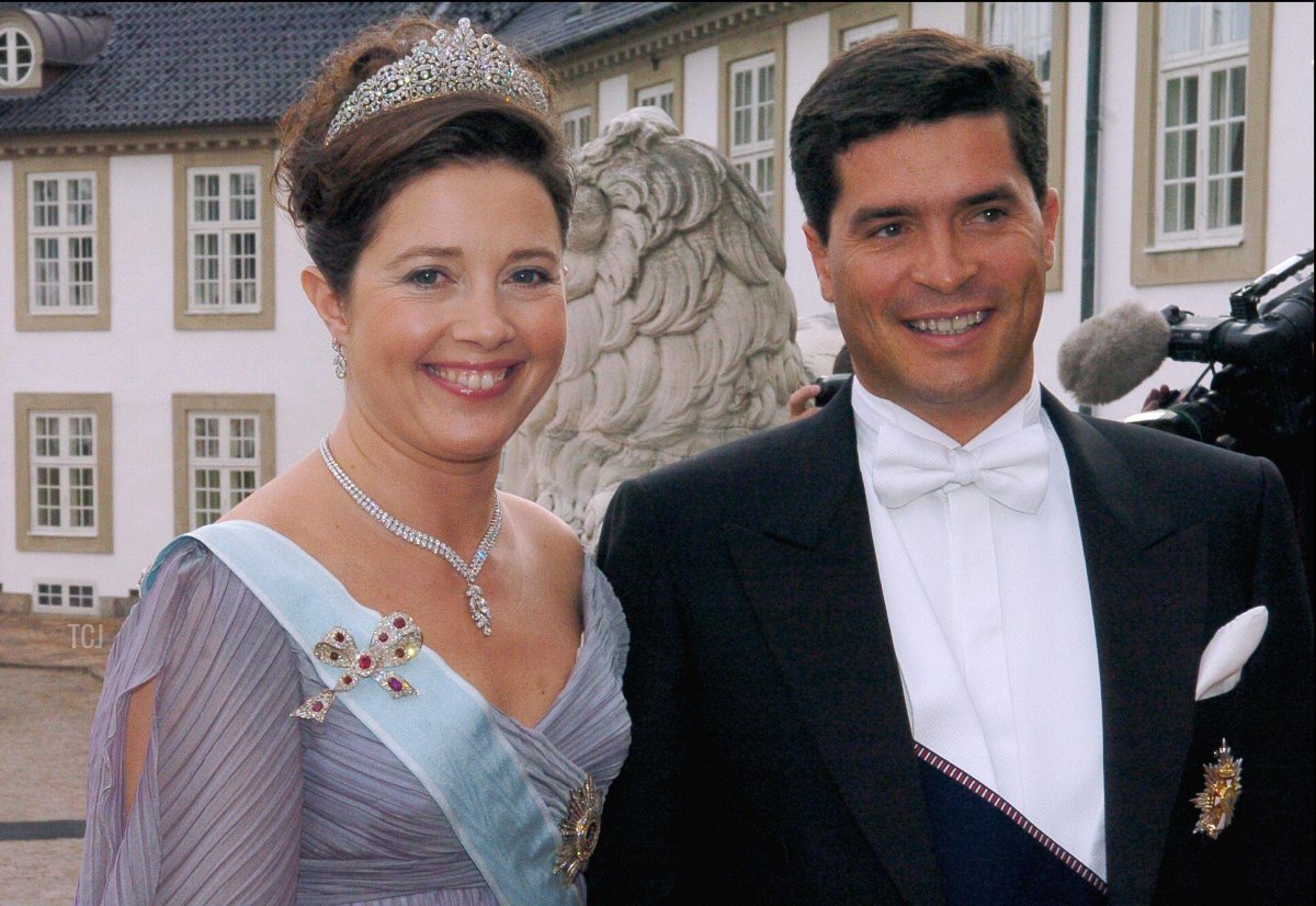 Princess Alexia of Greece and Denmark and Carlos Morales Quintana attend the wedding reception for Crown Prince Frederik of Denmark and Mary Elizabeth Donaldson at Fredensborg Palace on May 14, 2004 (Hounsfield-Klein-Zabulon/Abaca Press/Alamy)
