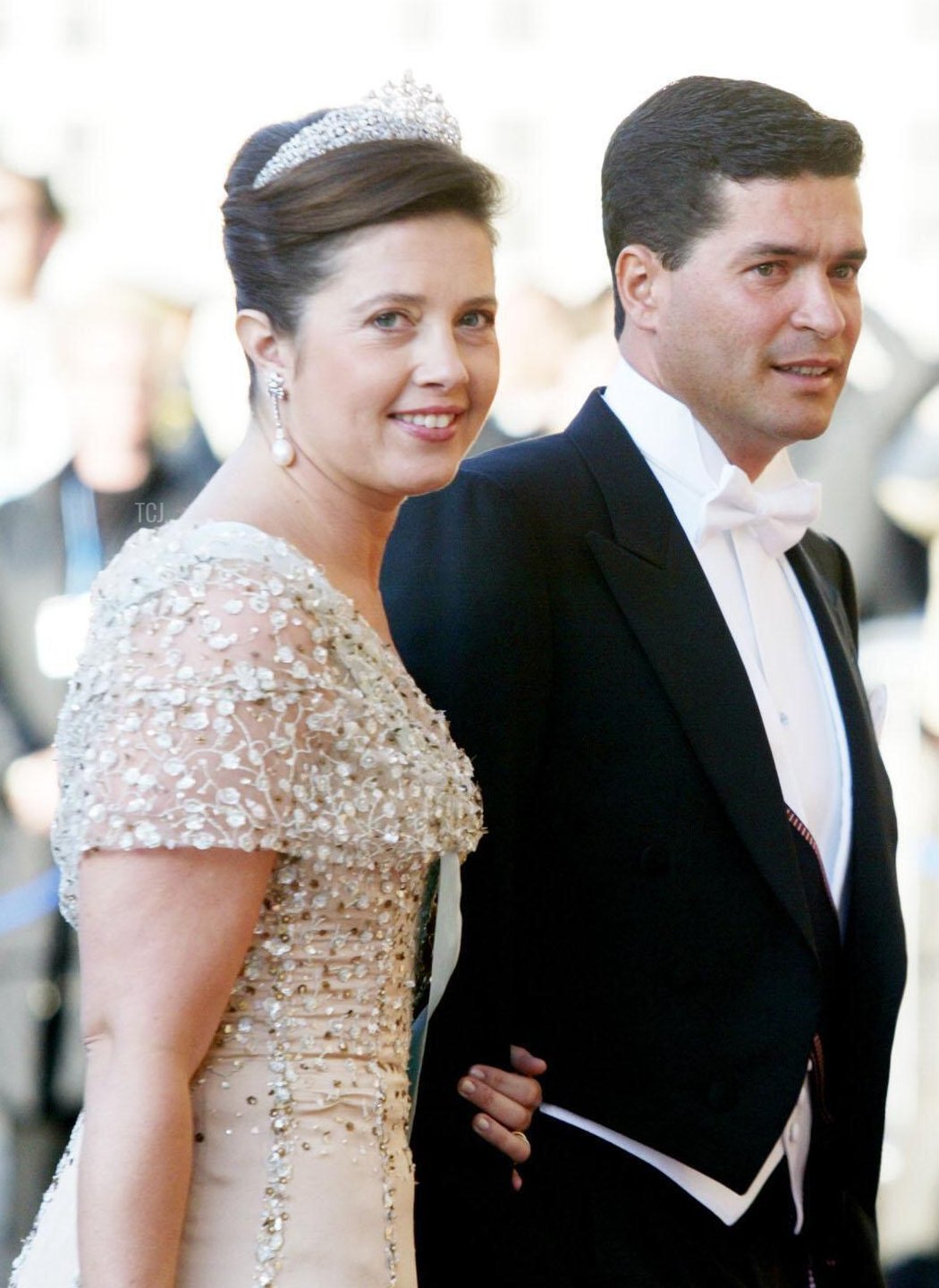 Princess Alexia of Greece and Denmark and Carlos Morales Quintana attend a pre-wedding gala for Crown Prince Frederik of Denmark and Mary Elizabeth Donaldson in Copenhagen on May 13, 2004 (Polfoto/Ritzau/Alamy)