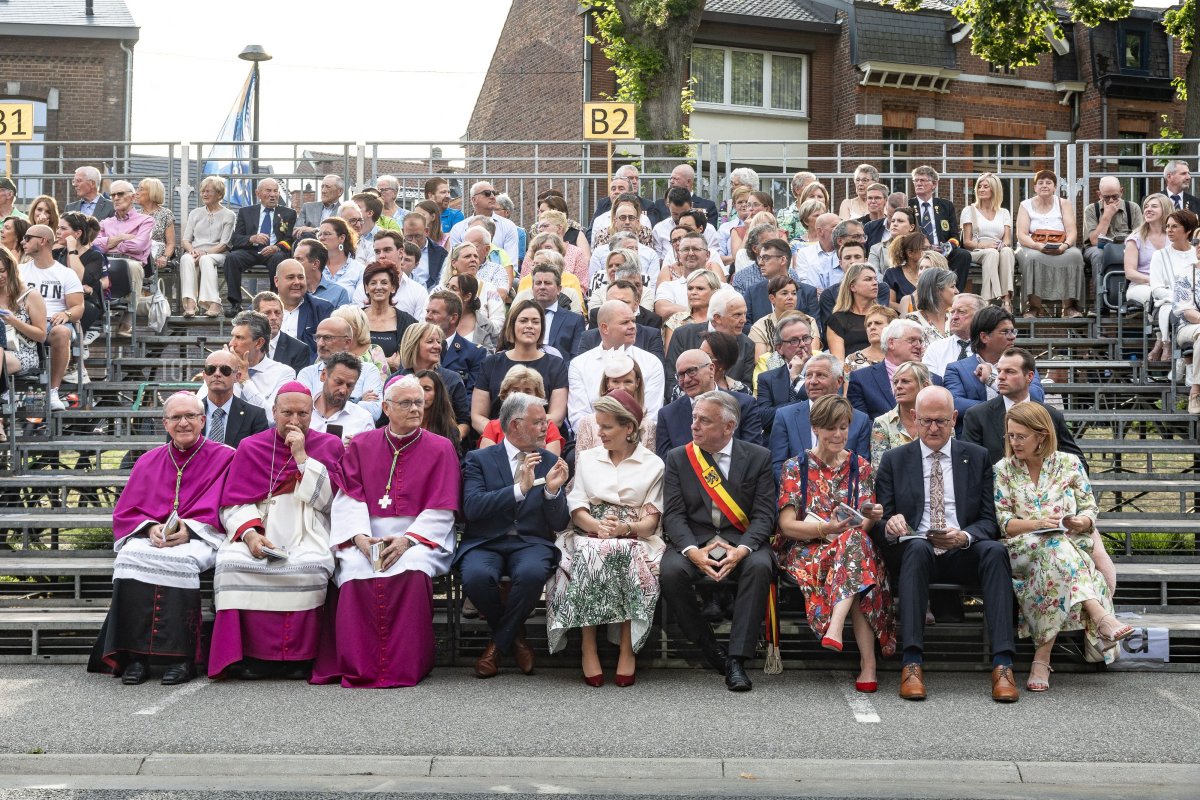 Queen Mathilde of the Belgians attends Kroningsfeesten, a traditional religious procession in Tongeren, on July 7, 2023 (BRUNO FAHY/Belga/AFP via Getty Images)