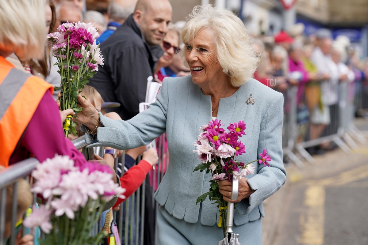 Queen Camilla visits the marketplace in Selkirk, south of Edinburgh, on July 6, 2023 (ANDREW MILLIGAN/POOL/AFP via Getty Images)