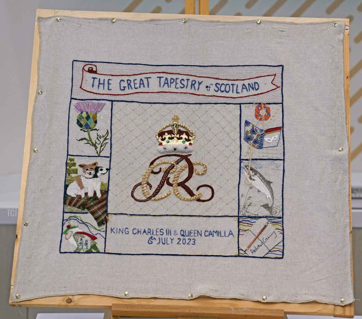 The commemorative tapestry worked on by Queen Camilla during her visit to The Great Tapestry of Scotland visitor centre in Galashiels on July 6, 2023 (Andrew Milligan - Pool/Getty Images)