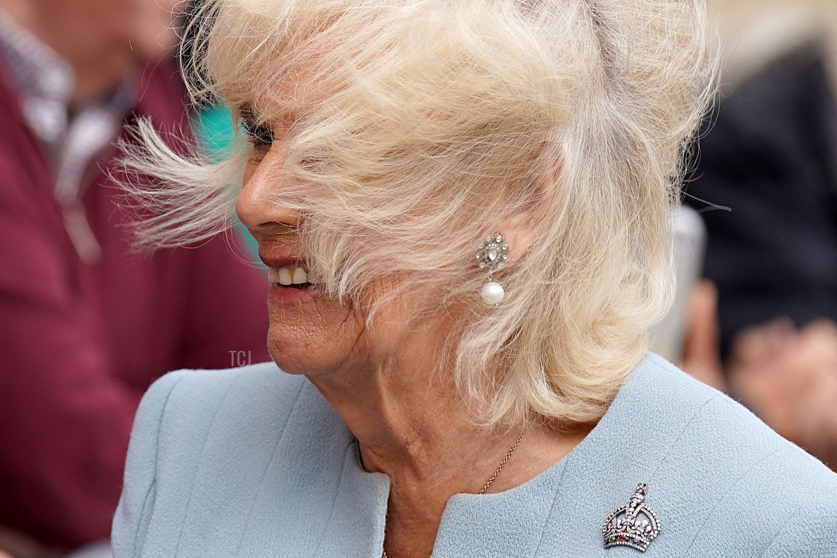 Queen Camilla visits the marketplace in Selkirk, south of Edinburgh, on July 6, 2023 (ANDREW MILLIGAN/POOL/AFP via Getty Images)