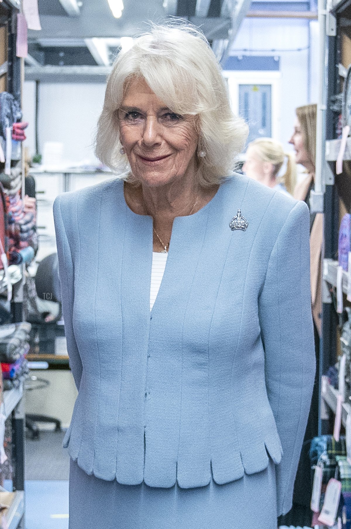 Queen Camilla visits the Lochcarron of Scotland tartan weaving mill in Selkirk, south of Edinburgh, on July 6, 2023 (JANE BARLOW/POOL/AFP via Getty Images)
